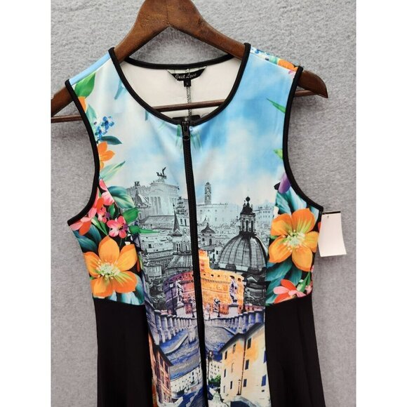Just Love Sleeveless A-Line Dress With Cityscape & Floral Print Size L - Picture 2 of 8